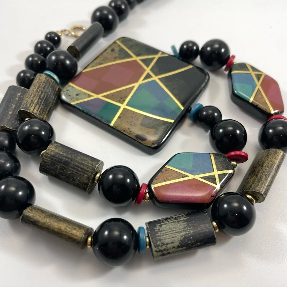 Vintage Japan Gold Tone Ceramic Black Gold Beaded Statement Necklace
